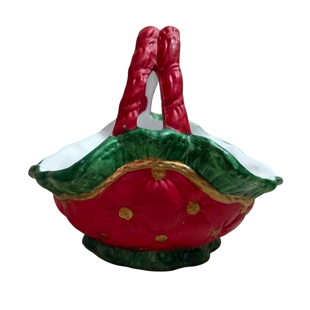 Red Green Ceramic Tufted Decorative Basket with Gold Accents Hand Painted